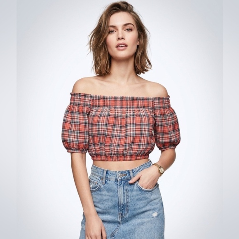 3/$30 Forever 21 Pink Plaid Preppy Off-Shoulder Crop Top Size Large